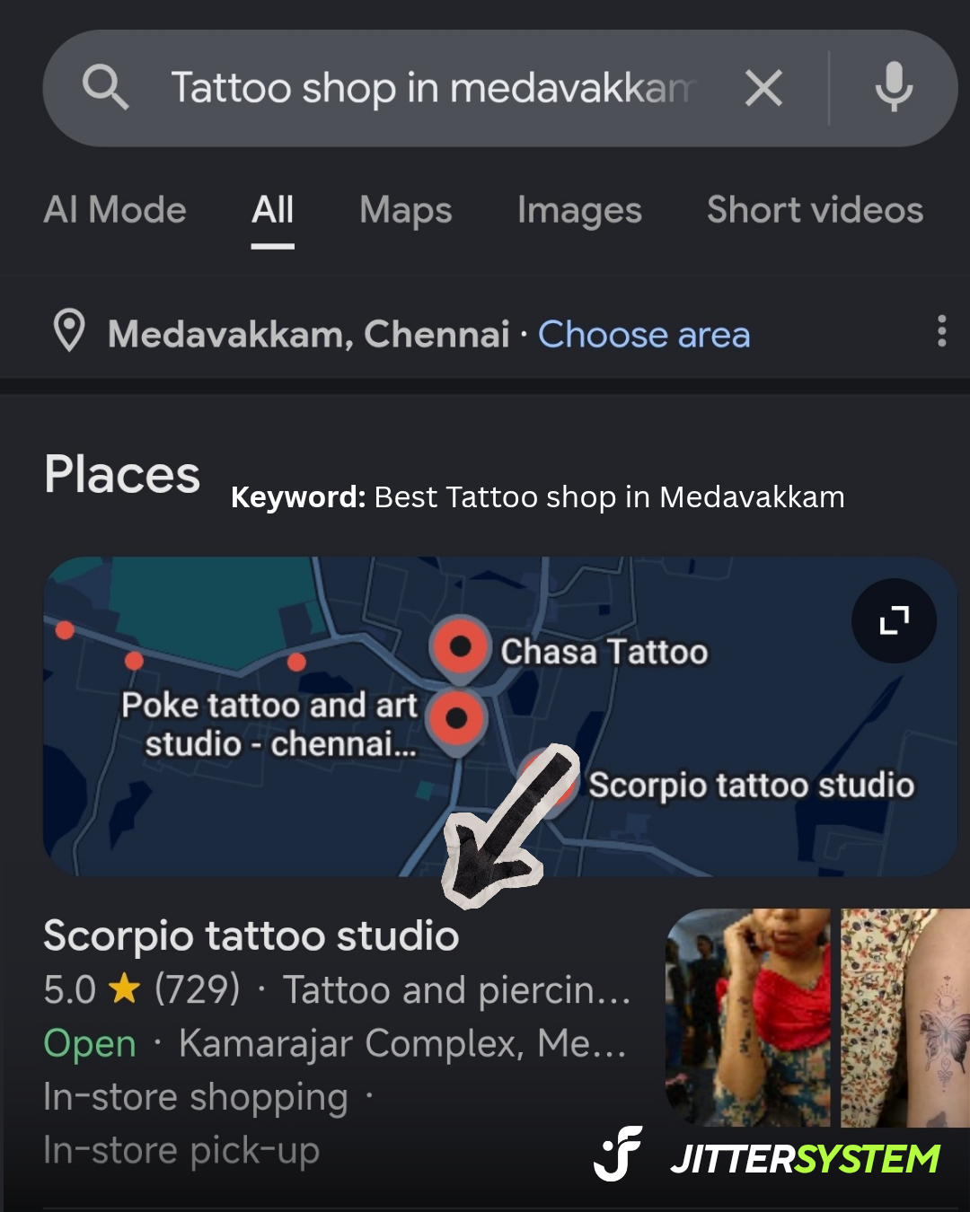 Google search result showing Scorpio Tattoo Studio ranking first for tattoo shop in Medavakkam