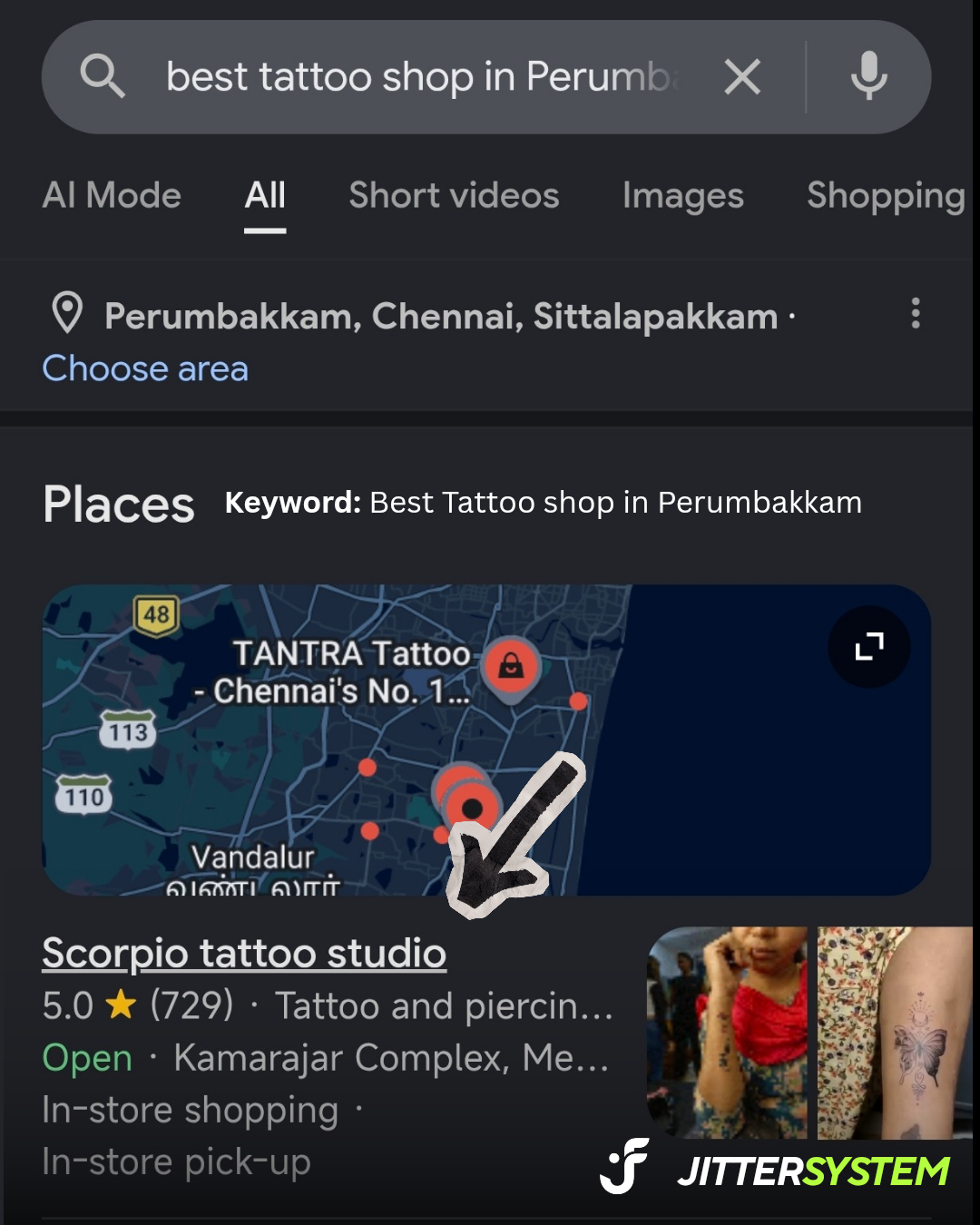 Google search result showing Scorpio Tattoo Studio ranking first for best tattoo shop in Perumbakkam
