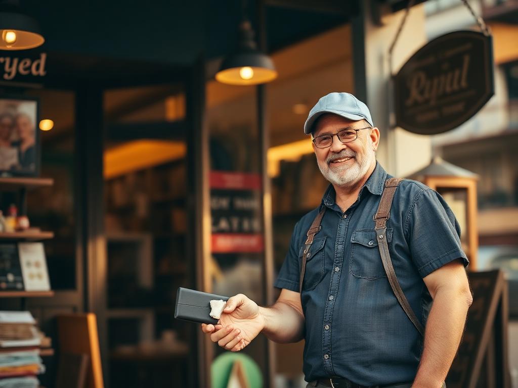 Local shop owner smiling outside their storefront