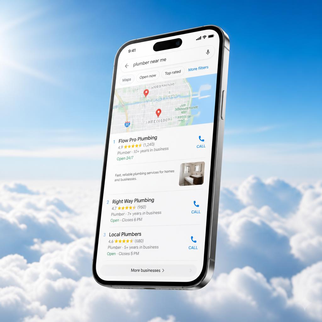 Phone showing a Google Maps local search with the business ranked number one