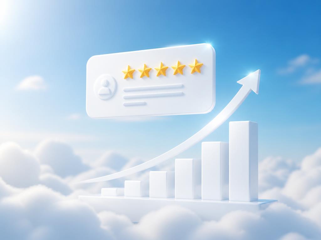 Five star reviews and a rising growth chart above the clouds