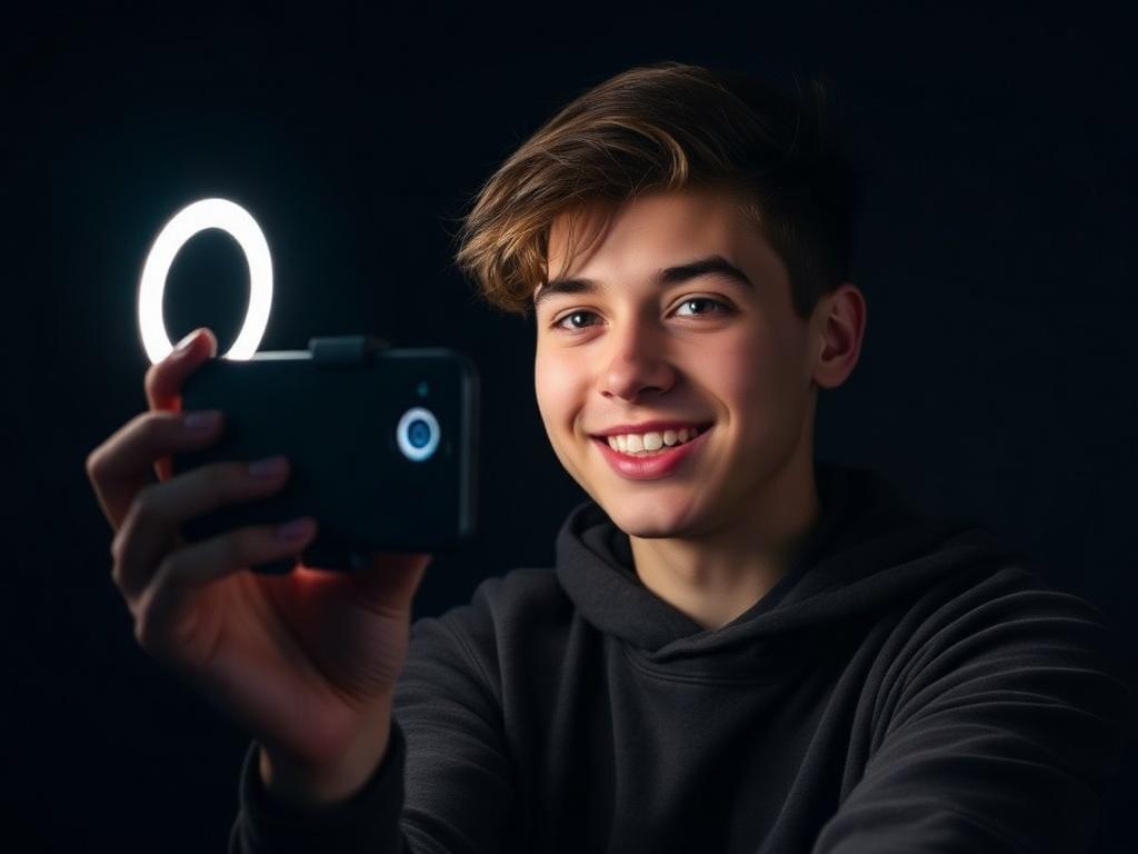 Creator filming a selfie style product review video with a ring light