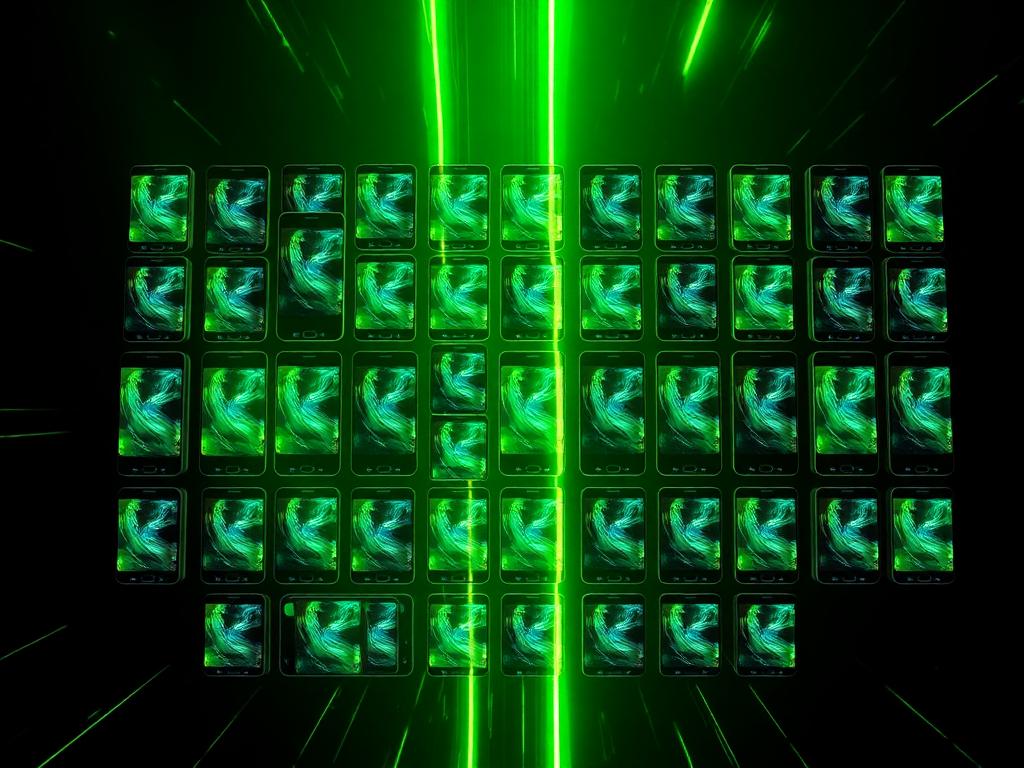 Grid of vertical smartphone ad videos with motion light streaks