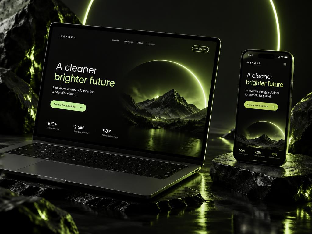Premium black and lime website design shown on a laptop and phone