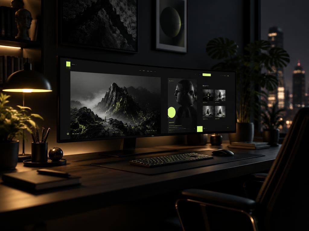 Designer workstation building a dark premium website at night